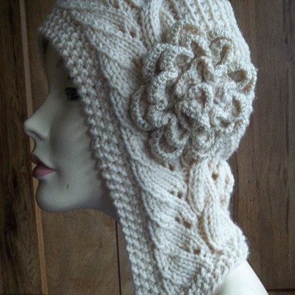 Cream Flapper Knitted Hat with Glittery Flower