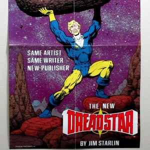 May include: Comic book poster featuring a muscular figure in blue and yellow lifting a large rock with the word "FIRST" on it. The poster has the text "THE NEW DREADSTAR" and "BY JIM STARLIN". The background is purple with stars.