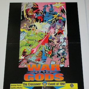 1991 George Perez JLA poster, DC Comics 19x15 inch promotional promo pin-up 1:Batman,Superman,Wonder Woman,The Flash,Aquaman,Shazam,Lobo,DCU