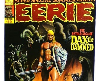 1974 Eerie Magazine poster! Rare vintage original 28x20&quot; Warren Publications EERIE #59 1970&#39;s Dax sci-fi barbarian horror cover art pin-up
