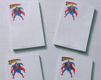 Lot of 4 1993 Superman 5 1/2" by 3 1/2" notepads: Vintage 1990's DC Action Comics JLA comic book superhero paper note pads/school stationery