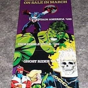 Vintage original 1992 Marvel Comics cartel promocional promocional de 36 x 8 pulgadas: Vengadores Capitán América, Hulk, Ghost Rider, Excalibur Capitán Gran Bretaña
