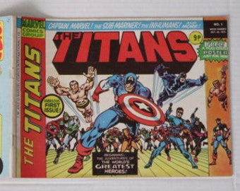 1975 Marvel Comics The TITANS issue 1 UK comic book: Captain America, Captain Marvel, Sub-Mariner, Inhumans,Nick Fury Agent of Shield,1970's