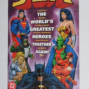 1996 Original 34 by 22 DC Comics promo JLA poster 1: Superman/Wonder Woman/Batman/Green Lantern/Aquaman/The Flash/Martian Manhunter/1990&#39;s
