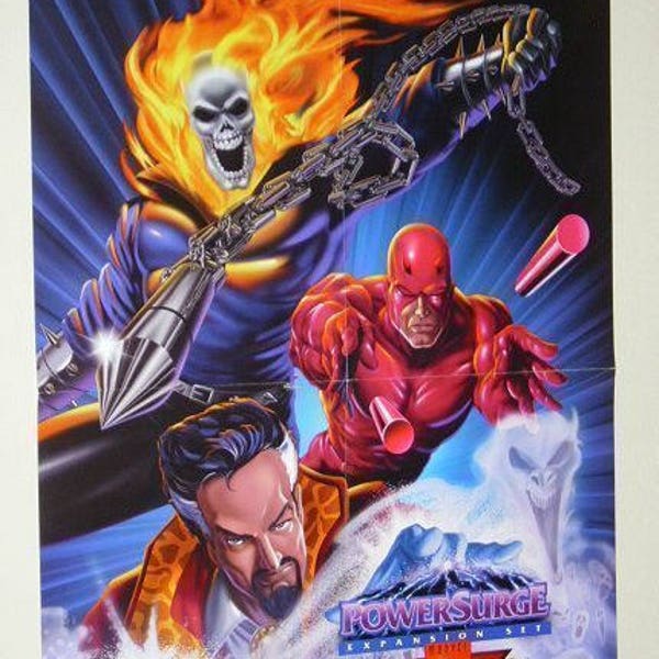 Original 1995 Dr Strange, Ghost Rider, Daredevil 20x16 inch Marvel Comics Universe Overpower card game comic book shop gaming promo poster 1