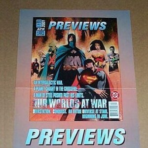 2001 JLA poster, 17x11 inch DC Comics promotional Previews comic book promo pin-up: Batman,Superman,Wonder Woman,Aquaman,Green Lantern,Flash