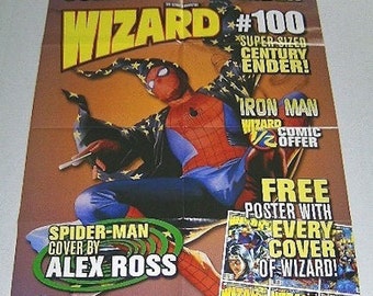 Rare vintage 1999 Amazing Spider-man 25 by 19 inch Marvel Comics promotional promo poster: 1990's Wizard 100 Alex Ross Spiderman art pin-up