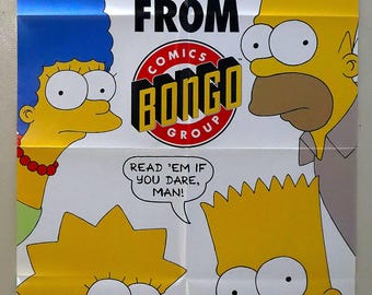 Affiche Les Simpson de 1993, 86 x 56 cm, Bongo Comics, affiche promotionnelle vintage de la librairie spécialisée en bandes dessinées : Homer, Bart, Marge, Lisa, Maggie (années 1990).