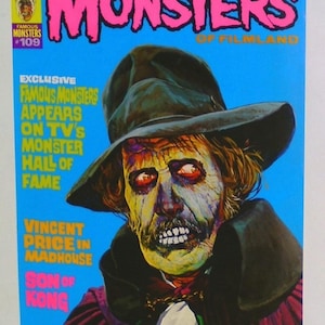 1974 Famous Monsters of Filmland poster! Original 28x20 inch 1970&#39;s Warren magazine 109 pin-up poster, showing Vincent Price Madhouse movie