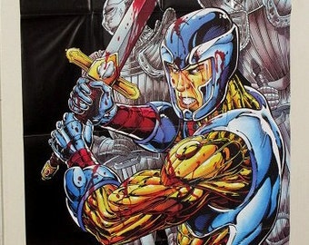 Rare vintage original 1994 Valiant Comics X-O Manowar 37 par 22 1/2 pouces affiche promotionnelle 1 : pin-up promotionnelle du marchand de bandes dessinées des années 1990