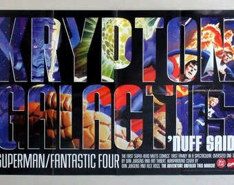 Vintage original 1999 Alex Ross Superman and Fantastic Four 34 by 22 inch DC Marvel Comics promotional promo poster: 1990's Krypton Galactus