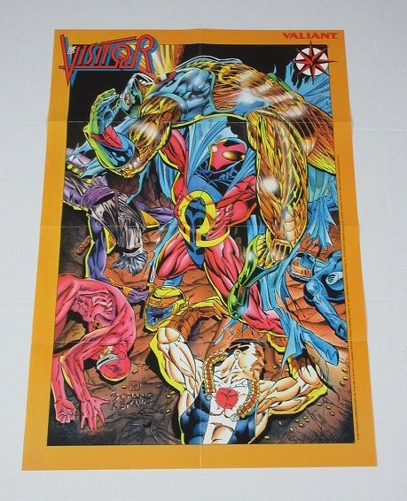 1994 Valiant Comics Visitor poster, 26 1/2 by 18 inch comic book shop promotional promo pin-up poster: X-O Manowar, Bloodshot, Solar, Ninjak
