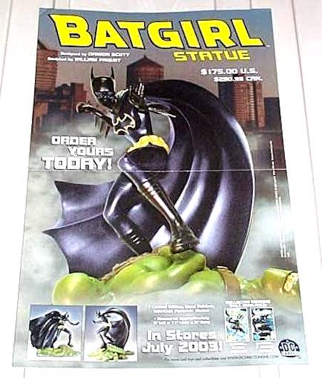 2003 Batgirl statue poster: Vintage 17x11 inch DC Comics Direct promotional comic book shop dealer's promo Bat Girl window display pin-up