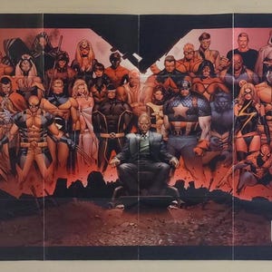 May include: A poster featuring a large group of Marvel comic book characters, including Wolverine, Captain America, and Spider-Man. The image has a red and black color scheme, with the words "HOUSE OF M" and the Marvel logo.