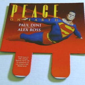 Affiche publicitaire Superman 1998 ! Enseigne originale de carte d'en-tête en carton promotionnelle Peace on Earth 10 x 10 pouces DC Comics, avec illustrations d'Alex Ross