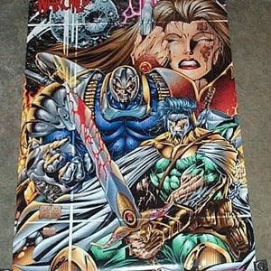 May include: A poster featuring a comic book style illustration of three characters. A woman with long brown hair and a red and black costume, a man with a blue and silver costume, and a man with a green and gold costume. The poster has the word "WARCHILD" at the top.
