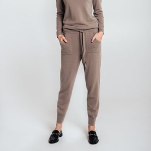 Cashmere and merino knitted pants, knitted sweatpants, knitted lounge trousers, dark brown knitted joggers. image 1