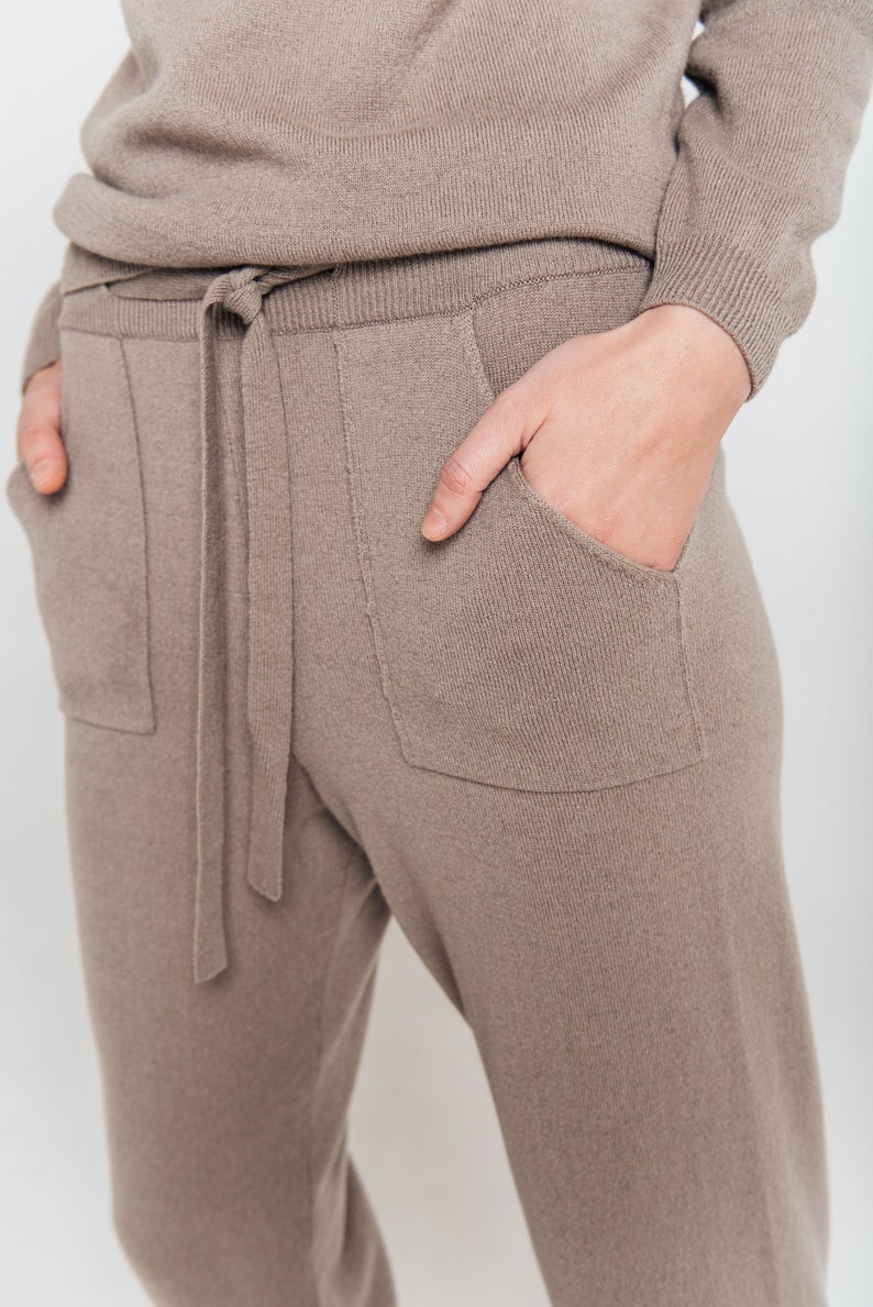 Cashmere and merino knitted pants, knitted sweatpants, knitted lounge trousers, dark brown knitted joggers. image 3