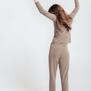 Cashmere and merino knitted pants, knitted sweatpants, knitted lounge trousers, dark brown knitted joggers. image 5