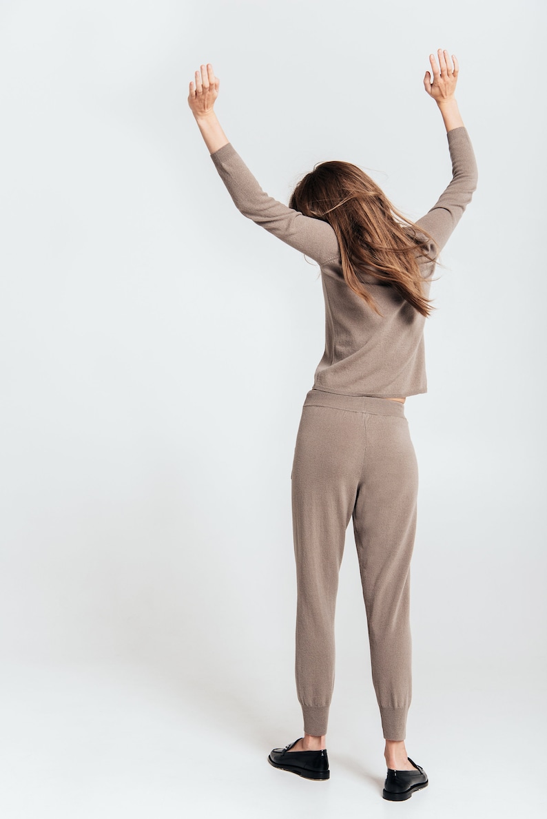 Cashmere and merino knitted pants, knitted sweatpants, knitted lounge trousers, dark brown knitted joggers. image 5