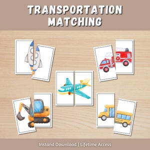 Juego de emparejamiento de transporte imprimible, actividad de emparejamiento para niños pequeños, material Montessori para niños, recurso para educación en casa, emparejamiento de vehículos para preescolar