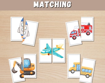 Printable Transportation Matching Game, Toddler Matching Activity, Kids Montessori Material, Homeschool Resource, Preschool Vehicle Matching