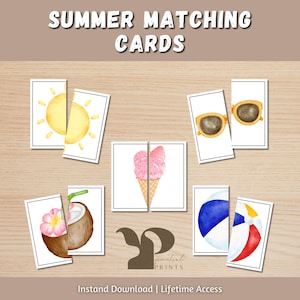 Printable Summer Matching Game, Toddler Matching Activity, Montessori Materials, Homeschool Resources, Preschool Summer Printable Flashcards