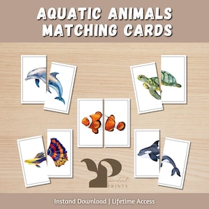 May include: Aquatic Animals Matching Cards featuring watercolor illustrations of marine life. The cards show a dolphin, clownfish, sea turtle, orca, and other sea creatures. The text "Aquatic Animals Matching Cards" is at the top.