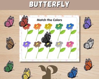 Butterfly and Flower Matching Game, Color Matching Activity for Kids, Toddler Printable, Color Sorting, Montessori Material, Homeschool