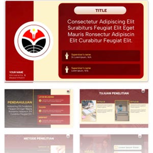 May include: A presentation slide deck in red and cream. The title slide has text and a university logo. Other slides cover introduction, background, objectives, and research methods. Text includes 'Title' and 'Supervisor's name'.