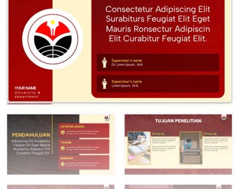May include: A presentation slide deck with a red and cream color scheme. The title slide features text and a university logo. Additional slides include sections for introduction, background, objectives, and research methods.