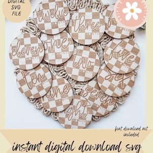 May include: A collection of twelve wooden monthly milestone markers with a checkered pattern. Each marker is engraved with a month number and the word "MONTHS". The words "DIGITAL SVG FILE" and "instant digital download svg" are also visible.