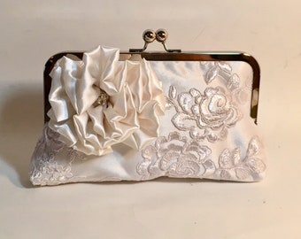 Ivory Rose Lace Bridal Clutch with Flower or Bridesmaids Clutch