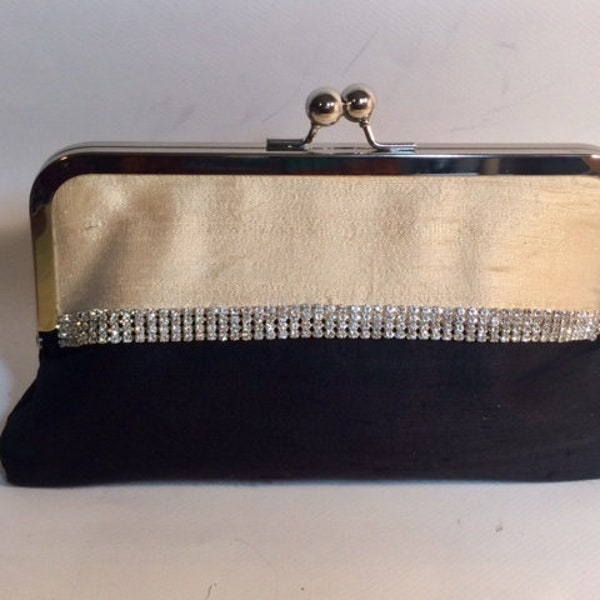 Two Tone Black Champagne Bridal Clutch or Bridesmaids Clutch Dupioni Silk with Silver Rhinestone Trim CUSTOMIZE