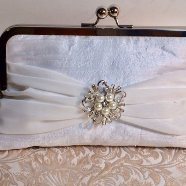 Ivory Silk Bridal Clutch or Bridesmaids Clutch with Silver Pearl Brooch