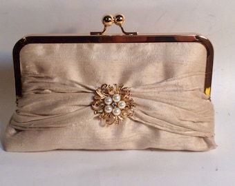 Champagne Silk Bridal Clutch or Bridesmaids Clutch with Gold Pearl Brooch