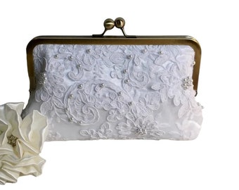 Bridal Clutch Alencon Lace with Pearls Clutch White OR Ivory