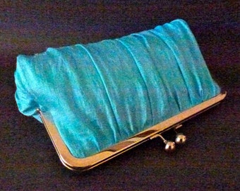 Bridal Clutch or Bridesmaid Clutch Aqua Blue Gathered Dupioni Silk