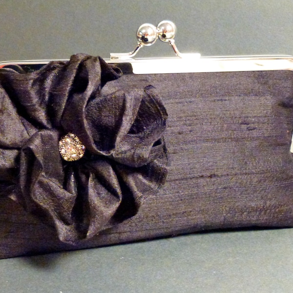 Bridesmaid Clutch with Dupioni Silk Flower and Rhinestone Black CUSTOMIZE