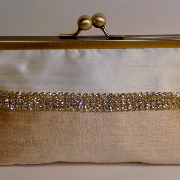 Two Tone Gold/Ivory Bridal Clutch or Bridesmaids Clutch Dupioni Silk with Gold Rhinestone Trim Customize Your Colors