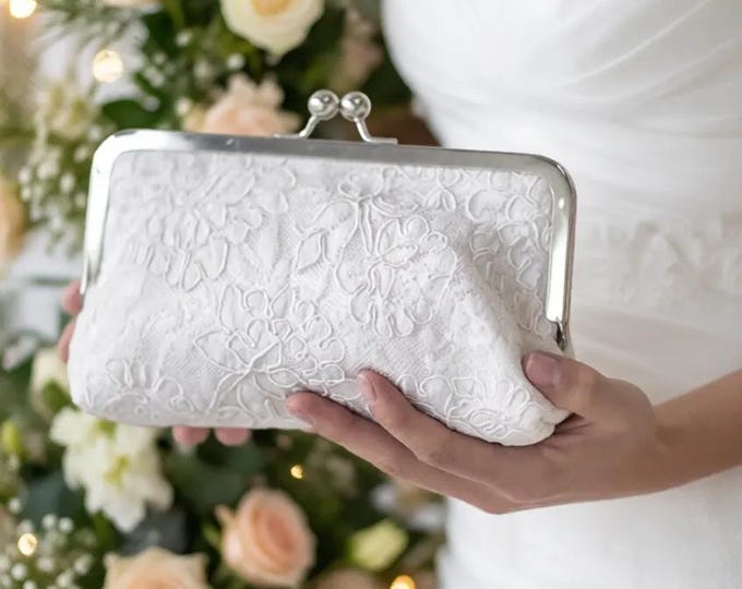 Ivory or White Bridal Clutch | Alencon Lace | Cabbage Rose Wedding