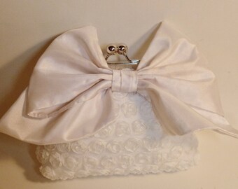 Tiny Roses Flower Girl Clutch with Large Taffeta Bow Clutch Off-White