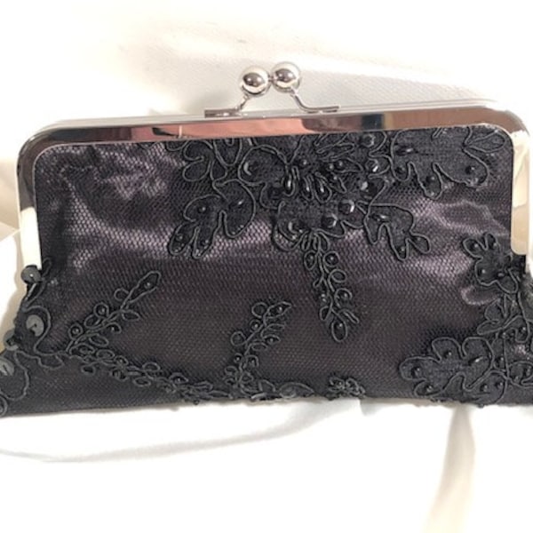 Black Cabbage Rose Lace Overlay on Black with Pearls Holiday Christmas New Year's Bridal Clutch Eve