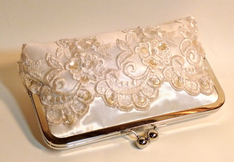 Bridal Clutch Couture Ivory with Antique Pearl and Sequin Beaded Lace Ivory or White image 4