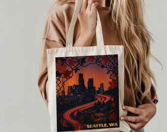 Seattle Skyline Cotton Canvas Tote Bag | City Art Souvenir