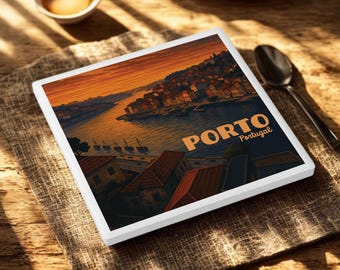 Porto Portugal Cityscape Ceramic Coaster | Travel Souvenir | Glossy Drinkware | Adventure Gift | Nature Inspired Home Decor