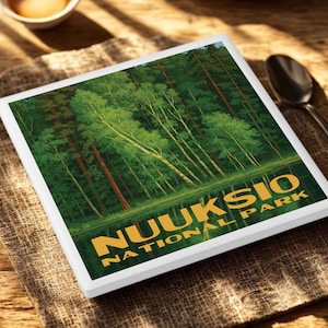 Finland Nuuksio National Park Ceramic Coaster | Travel Souvenir | Durable Absorbent | Drinkware Accessory | Home Decor | Handmade | Gift