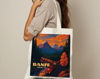 Banff National Park Canvas Tote Bag | Train & Mountain Art Print