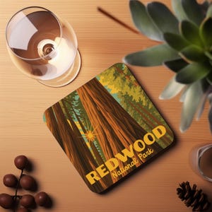 Cork Coaster, Redwood National Park Sun Trees Artistic Drink Mat, Nature Lover Gift, Rustic Home Decor, Set of 4 Coasters, Sustainable Cork