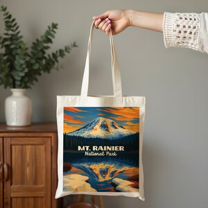 Mt Rainier National Park Tote Bag Art, Sunrise Mountain Reflection Canvas, Nature Lover Gift, Reusable Shopping Bag, Eco-Friendly Shoulder